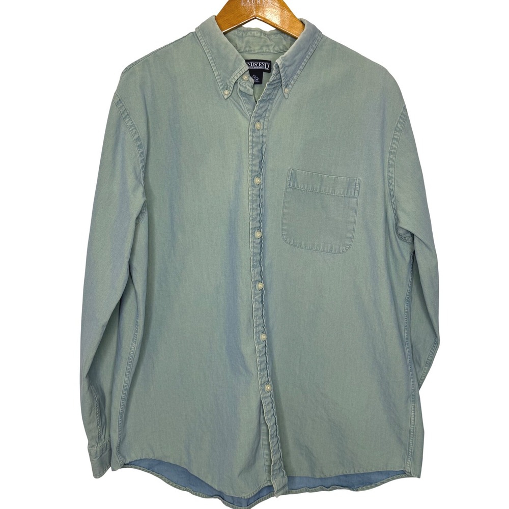 Vintage Lands' End Denim Shirt Mens XL Green/Blue‎ Chambray
